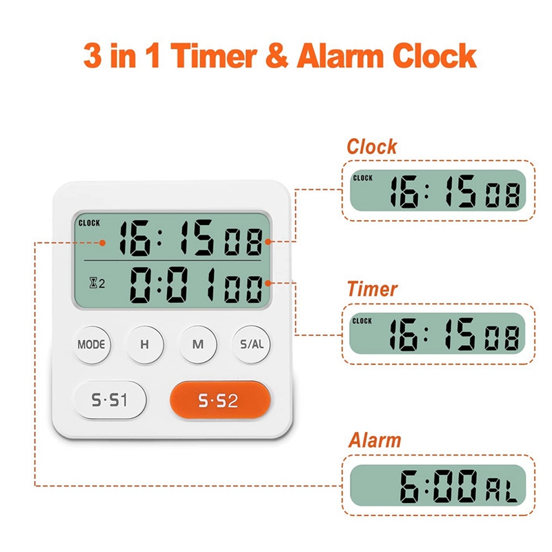 3 In 1 Digital Kitchen Timer Cooking Timer With Large Display Big Digits Alarm Volume Adjustable Multifunctional Timer