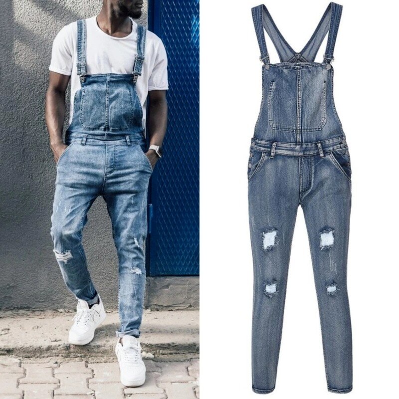 Lugentolo Déchiré Jeans Salopette Homme Printemps été Streetwear Grande Taille Taille Moyenne Jean Délavé