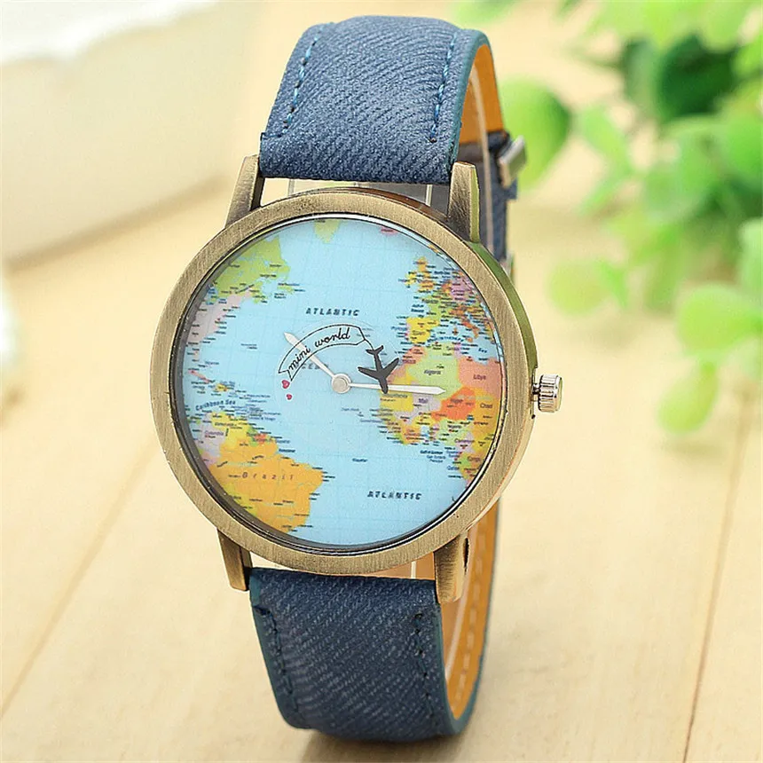 Cool Mini Wereld Mode Quartz Horloge Mannen Unisex Kaart Vliegtuig Reizen Rond De Wereld Vrouwen Lederen Jurk Horloges: Blauw