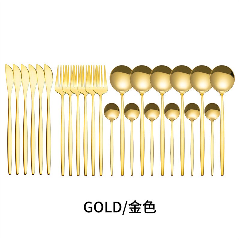 Couverts en acier inoxydable, 24 pièces, service de table, cuillère, couteau, fourchette, couteau, portugais occidental: Gold