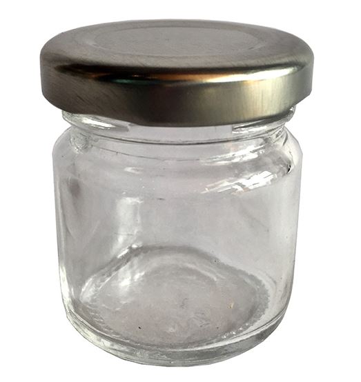NEUE! 1,5 UNZEN 42ml Glas Runde Mini Gläser mit Gold/Silber/Schwarz deckel, Verwenden für Marmelade, honig, Süßigkeiten, Hochzeit Gefälligkeiten, Gewürz, Pack von 24Stck: Silber- Deckel