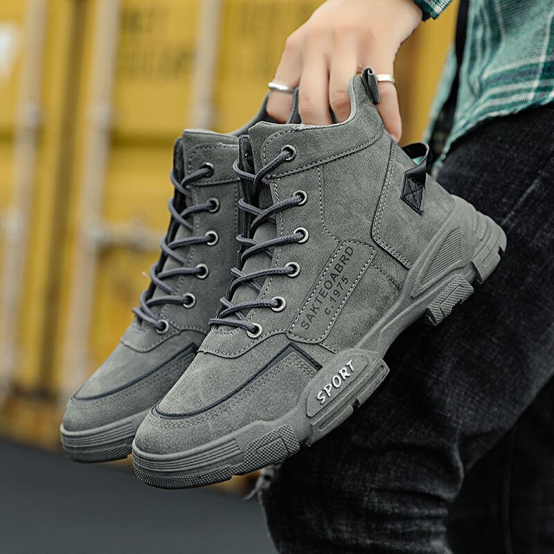 Men Leather Boots Male Spring Casual Motorcycle Ankle Botas Hombre Men Lace-up Basic Boots Man Men Boots: Gray / 44