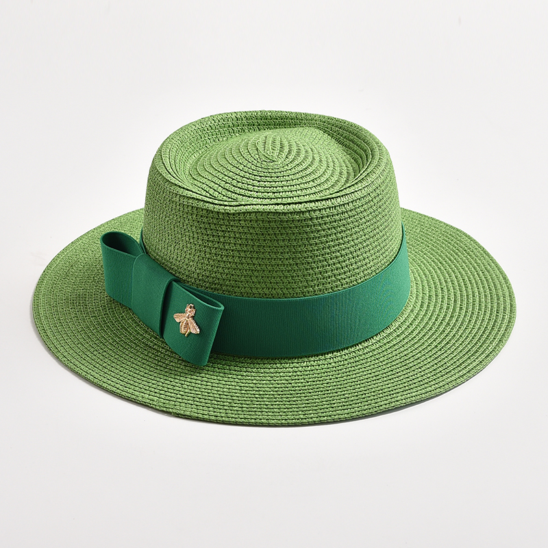 Sombreros de paja para mujer, sombrero de paja redondo con superficie irregular, Top plano con lazo, vestido, Gorra de viaje para playa, novedad de primavera y verano: Verde