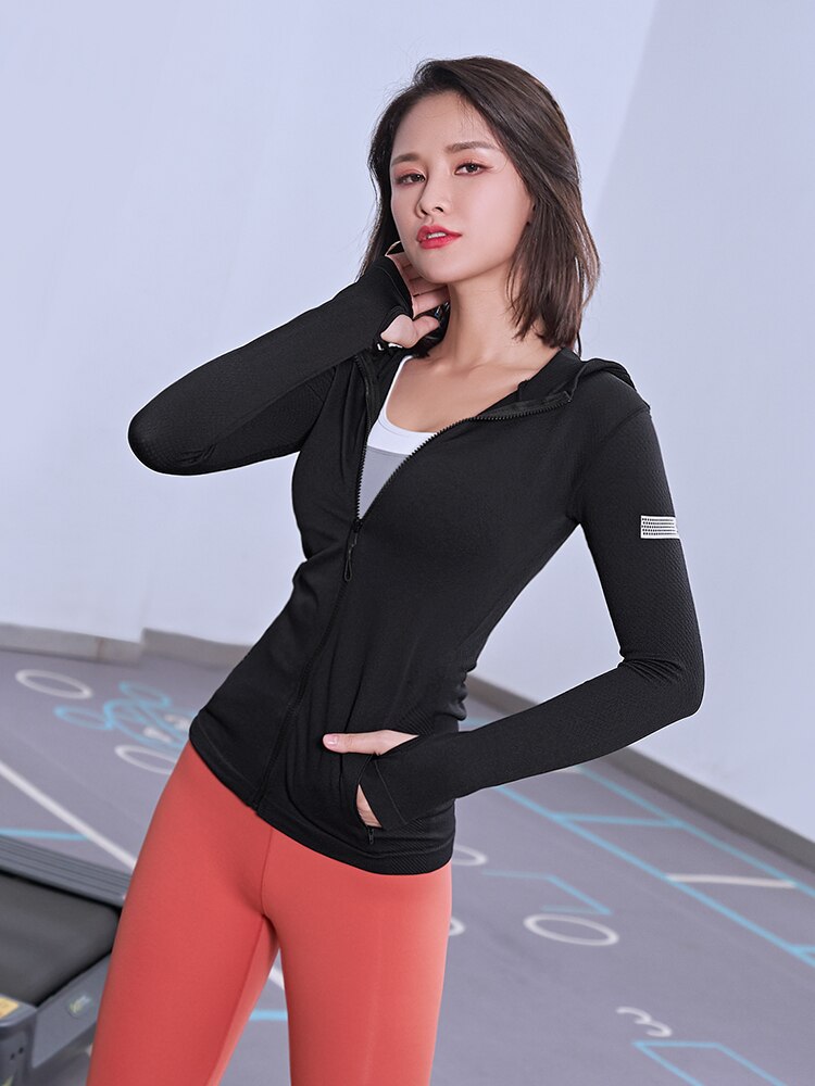 Sports jacket women fall/winter outdoor running tight-fitting zipper jacket jacket casual hooded workout clothes: Black / L