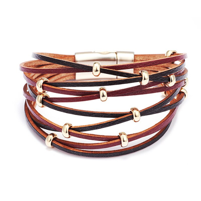 Feminino mão acessórios 10 multi camada vento pulseira de couro ampla envoltório pulseira femme ímã fivela jóias presente 2020: red