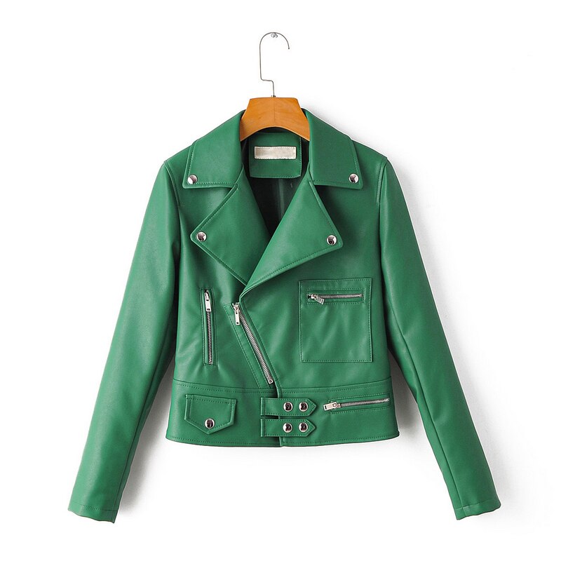 Wixra dames imitatie leren jassen rits casual pu jas omslagkraag basic jas klassieke streetwear herfst lente: Groente / Xl