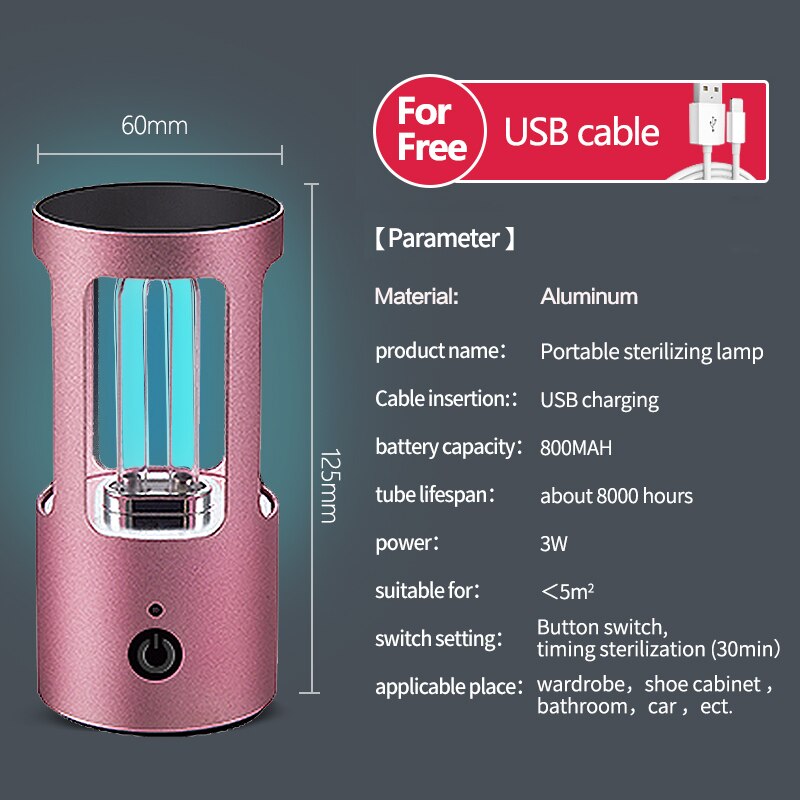 UVC Light Ultraviolet Germicidal Lamp Bedroom Wardrobe Rechargeable USB Kill Virus Sterilization Lamp Ozone UV Disinfection Lamp: Pink