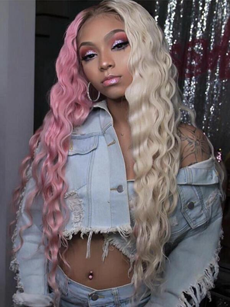 Half Roze Half Blonde Synthetische Lace Front Pruik Lang Golvend Haar Lijmloze Ombre Hittebestendige Pruiken Voor Zwarte Vrouwen Eewigs