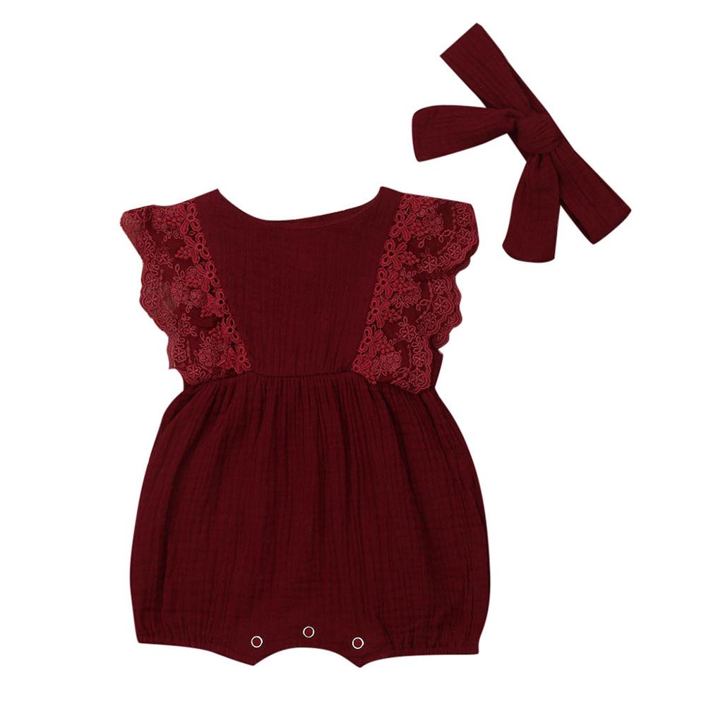 Autumn Winter Toddler Newborn Kids long sleeve lace Romper Infant Baby Girls Romper Jumpsuit Clothing Outfits Hair Band Outfit: Wine / 6M