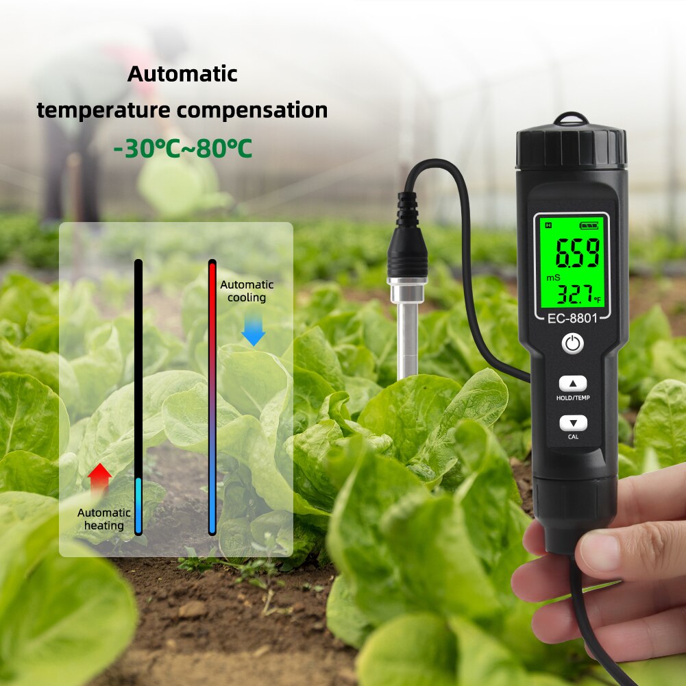 Portable Digital EC/Temperature Soil Tester Meter Farm Measurement Backlit Display Removable Electrode Waterproof Test Planting
