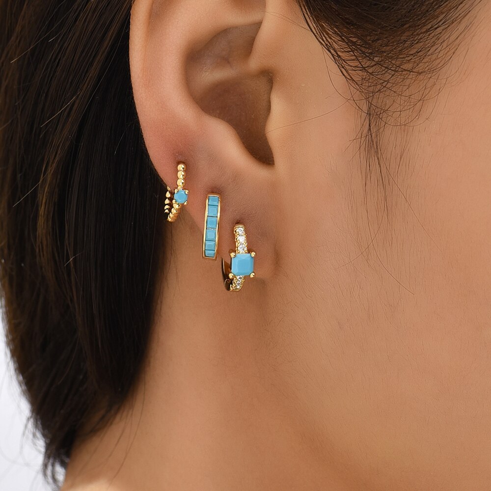 Conjunto de pendientes de aro pequeños de color turquesa para mujer, aretes redondos geométricos de circonia cúbica, cuentas verdes, joyería Huggie Brincos 2022, 3 pares
