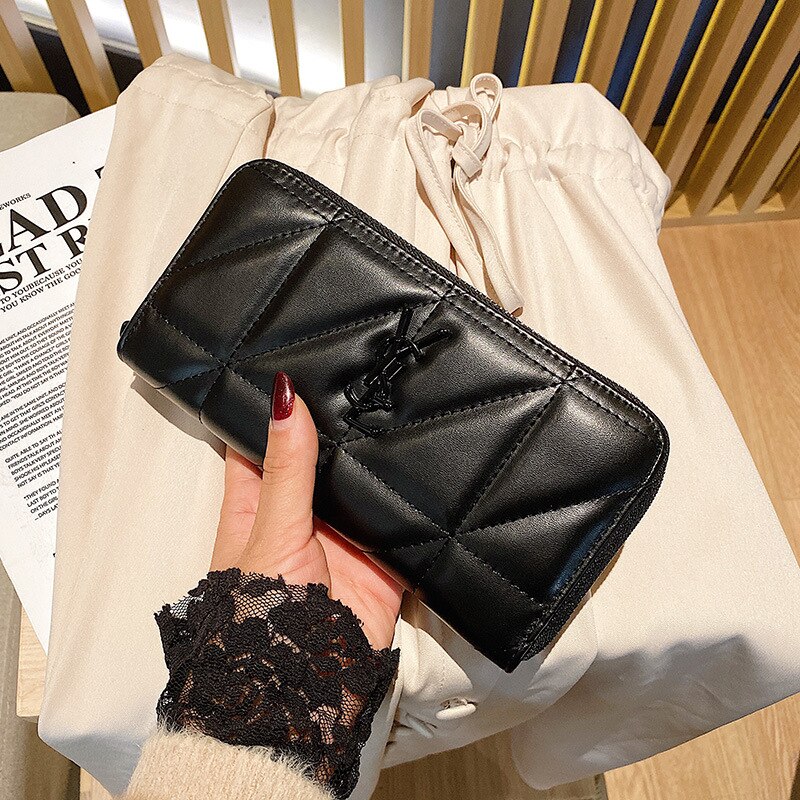 Lange portemonnee, grote capaciteit, multifunctionele vierkante koreaanse clutch, borduurgaren, drievoudige opvouwbare portemonnee