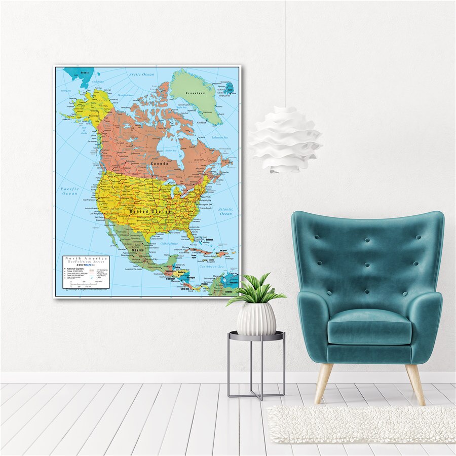 North America Geo Political Map Delicate Texture Print Poster Learning Education Antique Bar Pub Cafe Home Decor Wall Sticker