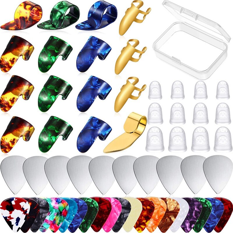 58 piezas púas de guitarra púas para pulgar púas de guitarra de Metal película protectora de la yema del dedo accesorios de guitarra de celuloide Kit con electrónica