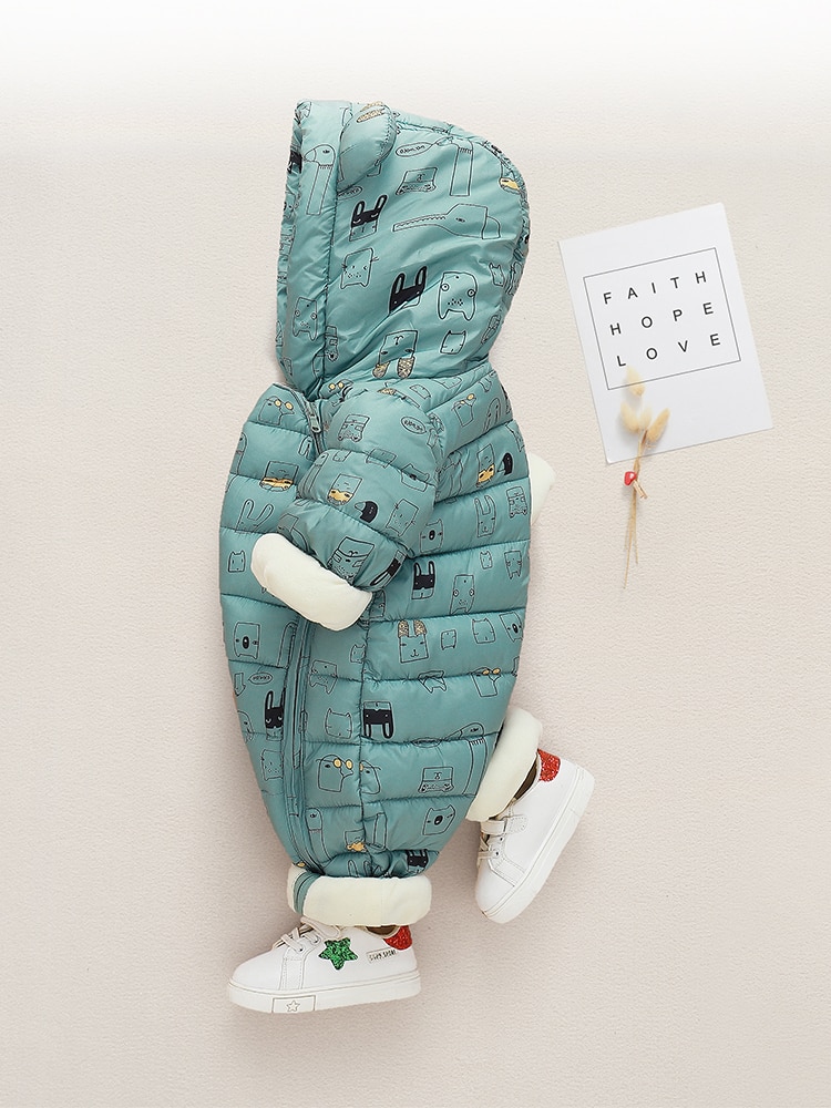 Winter warm geboren 3m 6m 9m 12m 70 80 90 100cm peuter baby capuchon jumpsuit overall jas plus fluwelen baby jongen rompertjes