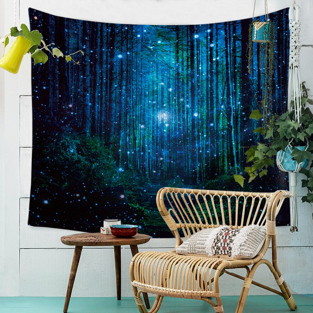 Tapis mural naturel, tissu psychédélique, motif d'arbre, forêt et ciel étoilé, pour paysage de plage, tente de Hippie