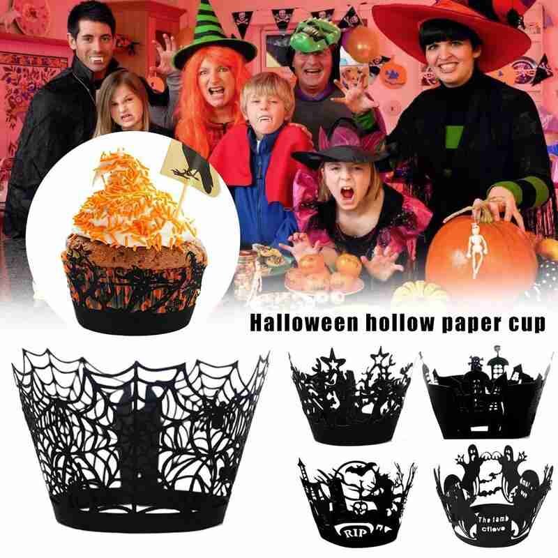 12Pcs Halloween Cupcake Wrapper Bakken Cup Hollow Out Papier Cake Wrapper Heks Spiderweb Kasteel Halloween Decoratie