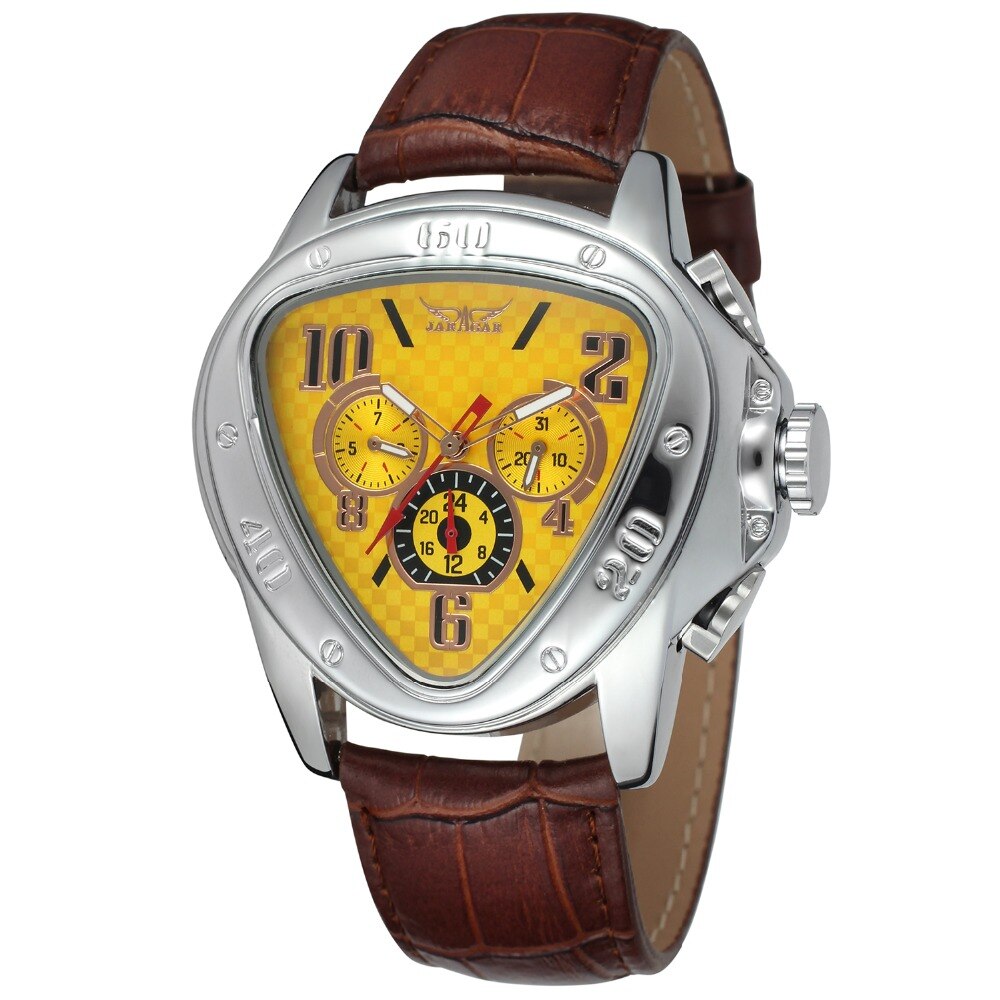 Jaragar-reloj mecánico automático para hombre, cronógrafo con correa de cuero, esfera triangular única, deportivo, Masculino: yellow