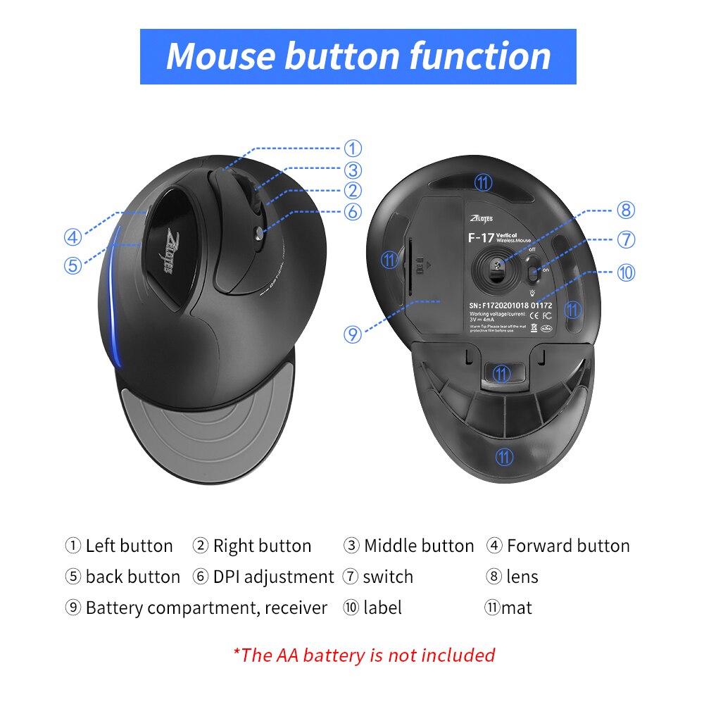 ZELOTES-ratón óptico F-17 para juegos, Mouse Vertical inalámbrico de 2,4 GHz, 6 teclas, ergonómico, con 3 DPI ajustables para PC y portátil