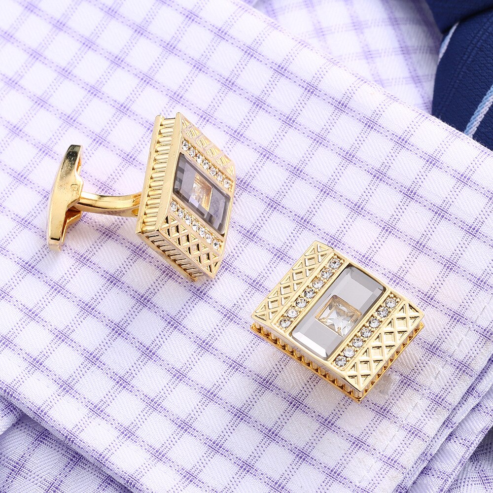 Golden French Shirt Men's Cufflinks Business Cuff Link Gentleman Formal Wear Accessories Luxury Rhinestone Cuff Links Mens