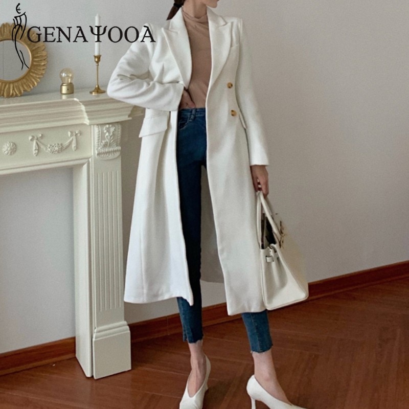 Genayooa kvinnor vinter vit kappa ull kontor damer lång kappa varm dubbelknäppt överrock koreansk