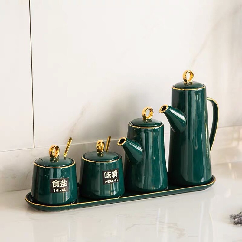 Juego de tarros de cerámica de lujo para condimentos, tarro de especias, contenedor de sal, tazón de azúcar con botella de vinagre y aceite, almacenamiento de cocina