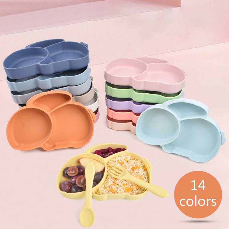 Baby Suction Bowl Divided Dinner Plate Infants Learning Feeding Dish Non-toxic BPA-Free Silicone Solid Color Cute Cartoon