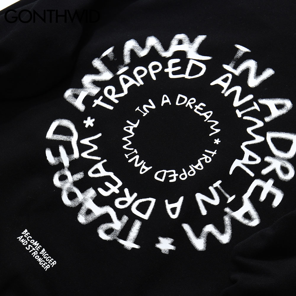 GONTHWID Trapped Animal Letters Print Hoodies Sweatshirts Streetwear Harajuku Mens Hip Hop Casual Pullover Tops