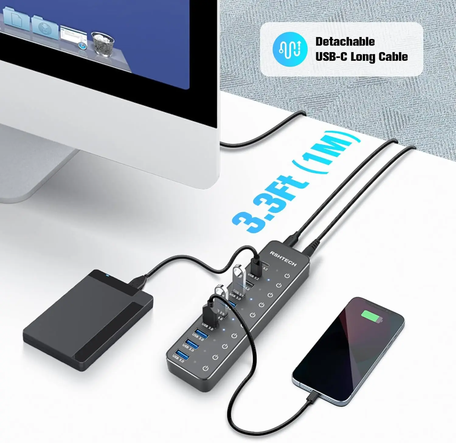 RSHTECH USB Hub 10-Port USB C Hubs 60W with 10Gbps Data Transfer Ports Individual Touch Switches Hybrid Splitter for Laptop/PC