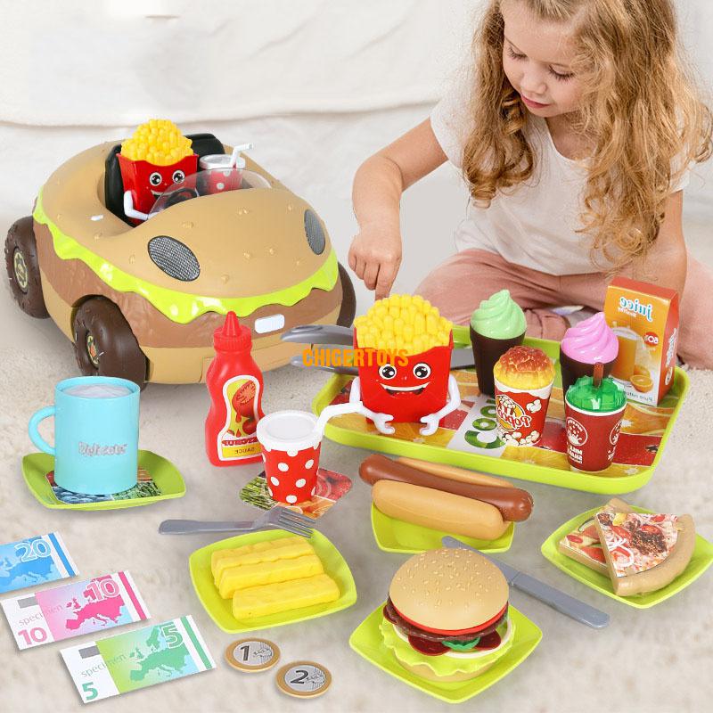 Spielhaus mit burger- und grillwagen, reichhaltigem zubehör, viel stauraum, bunten lichtern, kochgeräuschen und realistischer küchensimulation.
