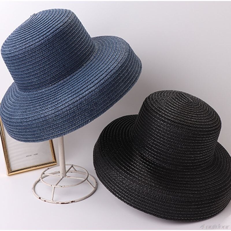 Women Summer Vintage Hepburn Straw Sun Hat Bell Shaped Wide Brim Solid Color UV Protection Travel Floppy Beach Cap M12 21
