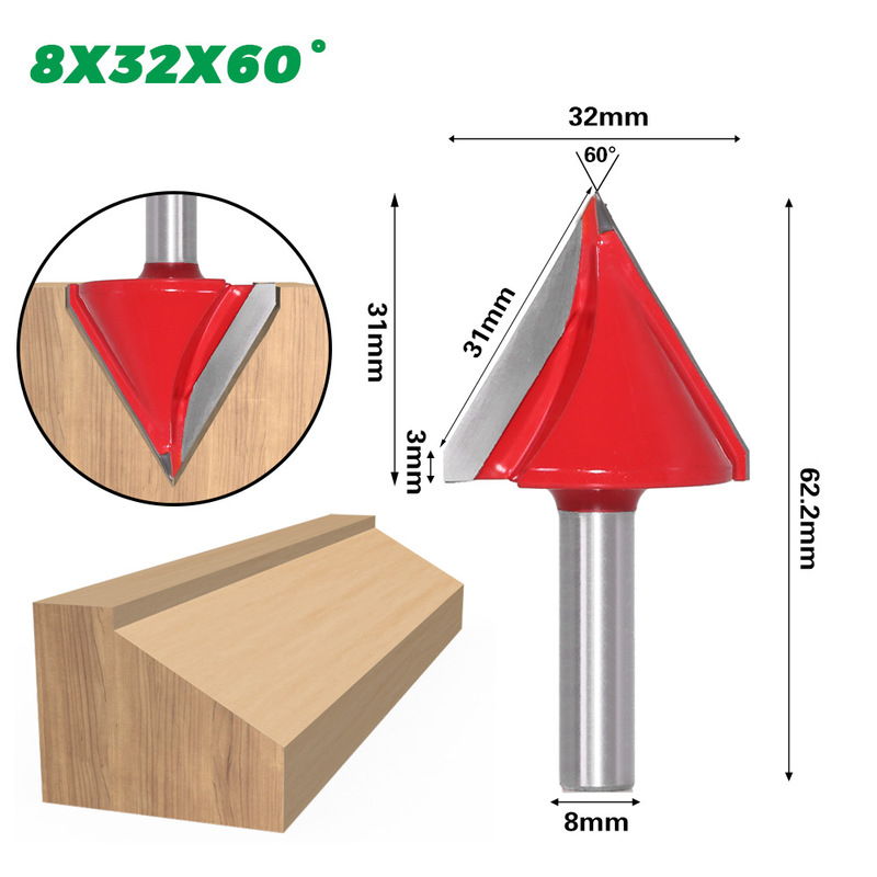 1 stuk 8mm 3d v graveerbit cnc-frees voor houtbewerking wolfraam houtbewerking 60/90/120/150 graden frees: 31mm