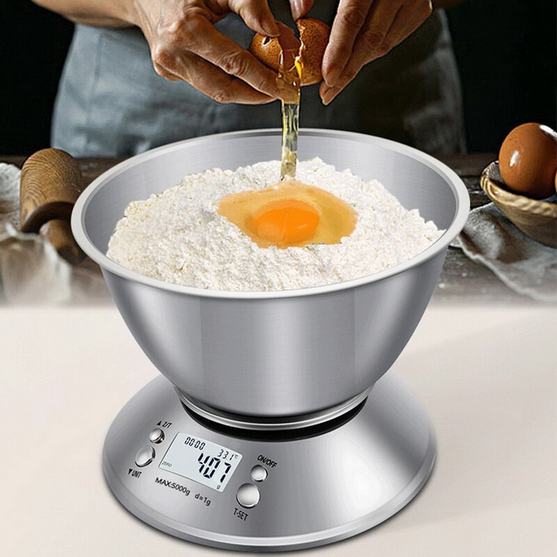 Food Scale Stainless Steel Digital Kitchen Weight with Removable Bowl Temperature Sensor for Cooking and Baking 5KG/1G