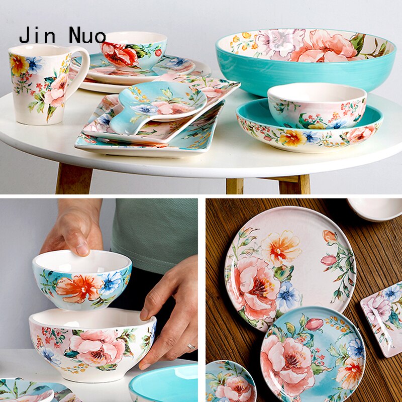 Underglaze Ceramic Plate French Home Rectangle Snack Tray Hand Painted Flower Decorate Dinner Plates Dining Table Decor