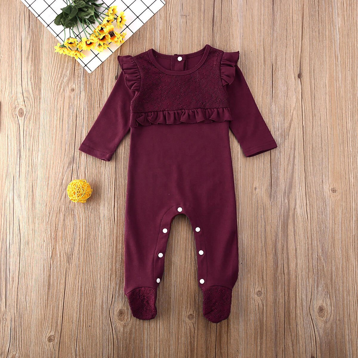 Weihnachten Neugeborene Baby Junge Mädchen Footies Kleidung Spitze Rüsche Langarm Feste Warme Outfits