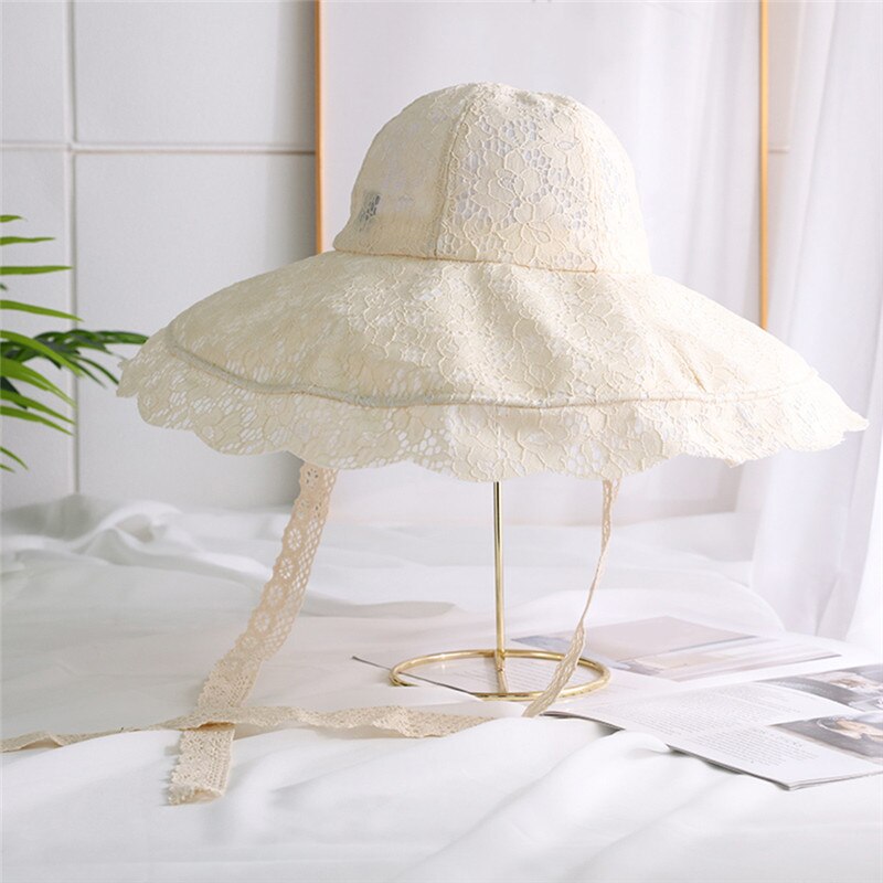 Grand chapeau de soleil à large bord chapeau de dentelle souple été blanc dentelle noire église fête chapeaux de mariage chapeau de plage emballable: beige