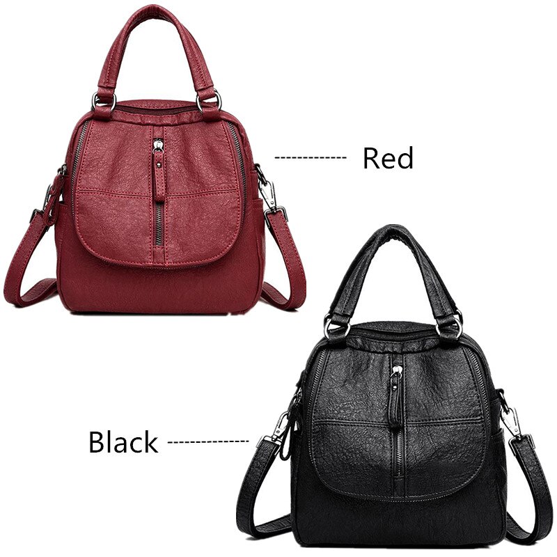 Multifunctional Black Red Women Backpacks Shoulder Crossbody Bags for Girl Bookbags Solid Small Schoolbags Travel Bag