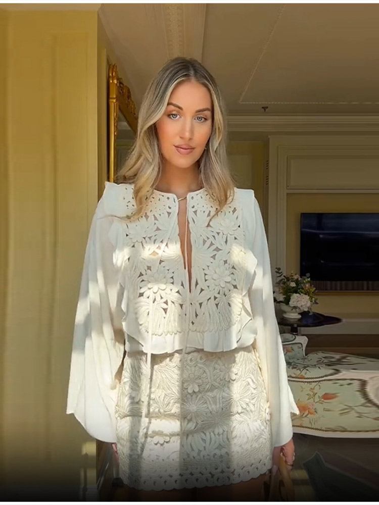 Sommer lässig Aushöhlen Applikationen Spitzen Felsen setzt Oansatz Langarm Spitze hoch Blusen Mini Felsen 2025 Neue Dame Outfits 2 stück
