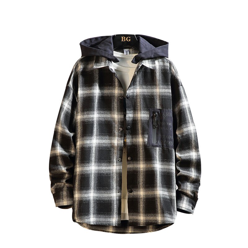 Plaid Men Long Sleeve Shirt Loose Japanese Streetwear Casual Shirts With Hoodied Plus Asian Size M-5XL