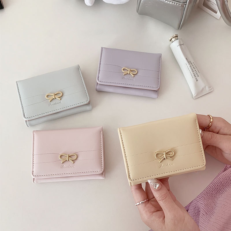 Wallets Girls Cute Bow Small Wallet Aesthetic Card Holder Classic Three Fold Purse For Women Student Simple Coin Pouch