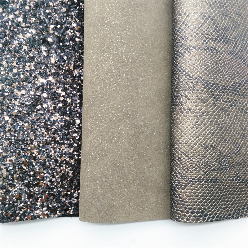 Black Mixed Brown Glitter leather, Metallic Snake synthetic leather, Glitter Suede Faux Leather Sheet For Bows DIY 21x29CM KM845