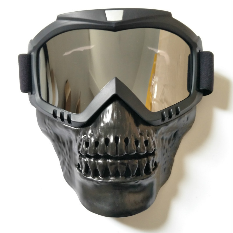 Cool skull moto rcycle máscara facial con gafas desmontable modular gafas máscara para moto de cara abierta Vintage Casco moto Casco: Silver lens