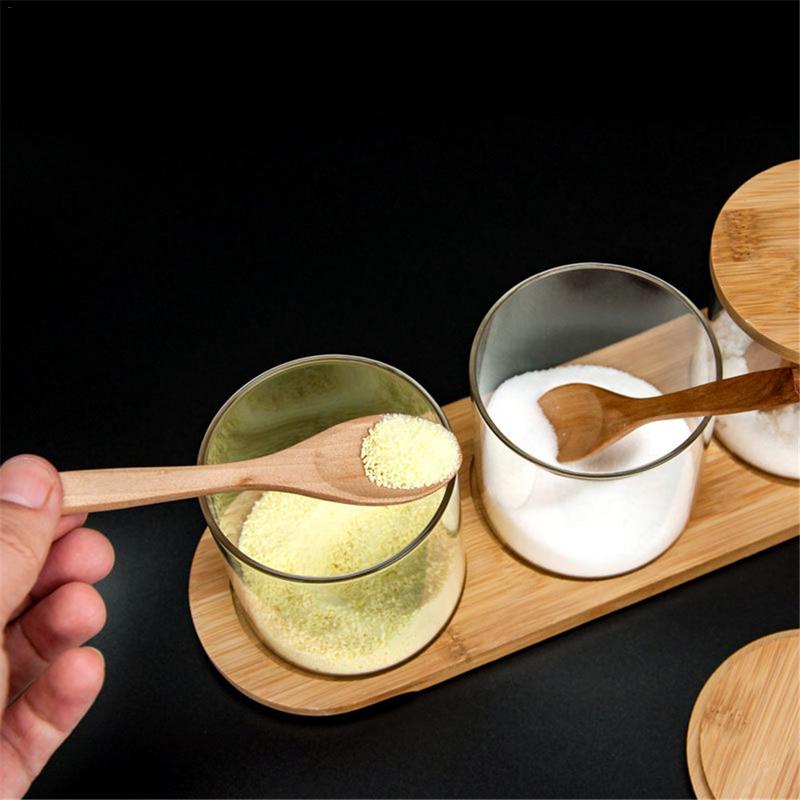 1 Sets Seasoning Box Kitchen Spice Rack Spice Pots Storage Container Salt Pepper Cumin Powder Condiment Jars Wooden Spoon Cover