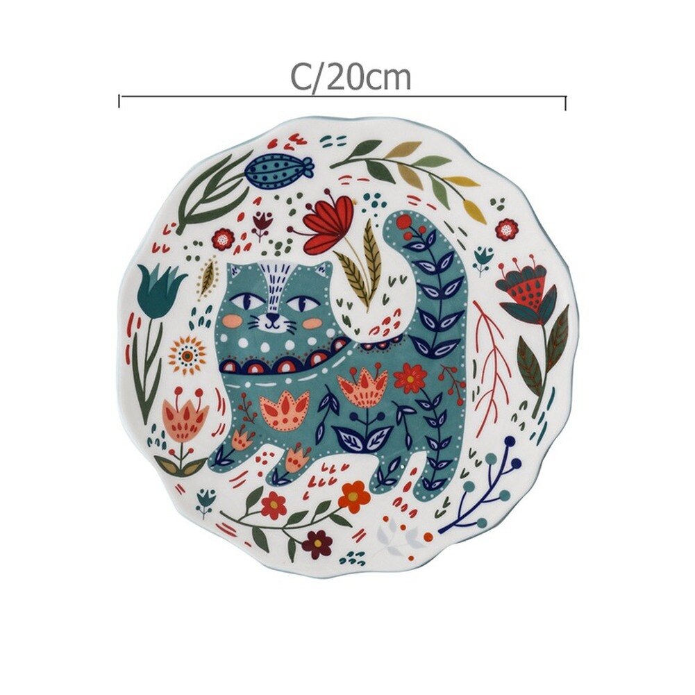8 inch Hand-painted Cat Dinner Plate Under-glazed Ceramic Dinner Dishes Dessert Tray Flower Kitten Dinnerware Microwave Safe