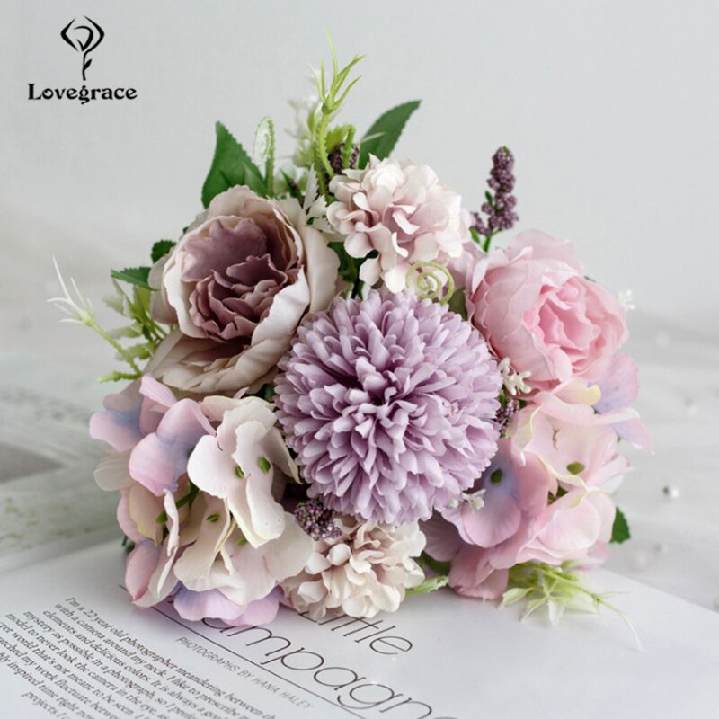 Bouquet de mariage Lovegrace soie artificielle Rose pivoine fleur mariée Bouquet Rose hortensia pompon bourgeon vanille épi fourniture de mariage: peony-purple