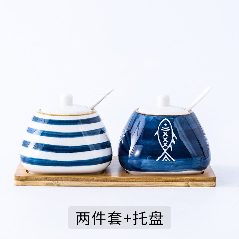 Juego de ollas de cerámica japonesas pintadas a mano, recipiente para condimentos de cocina, salero, caja de condimentos para el hogar: E
