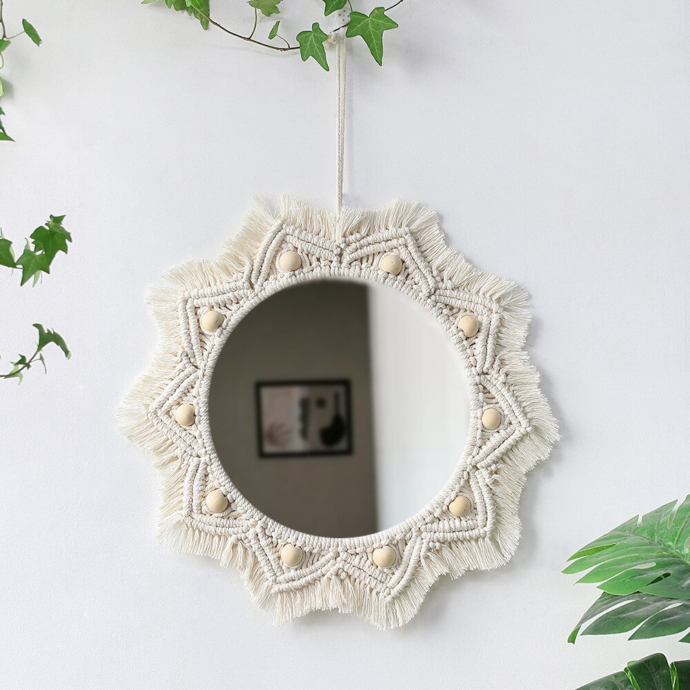 Espejo de pared colgante con flecos de macramé, redondo, bohemio, decoración artística para apartamento, sala de estar, dormitorio de bebé, guardería, entrada: 11