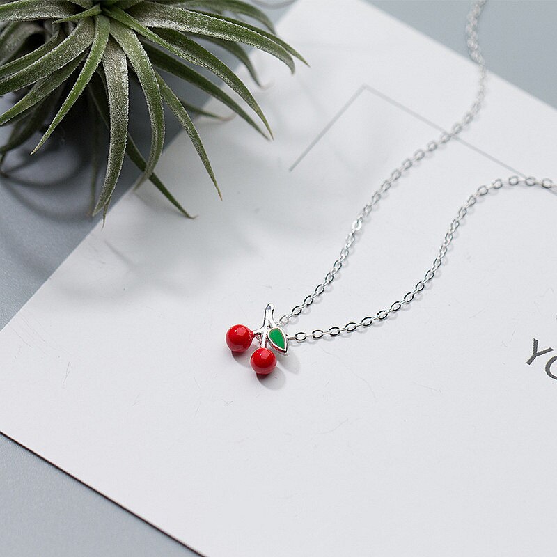 Real 925 Sterling Silver Red Enamel Cherry Choker Pendant Necklace Fine Jewelry For Women Personality Accessories