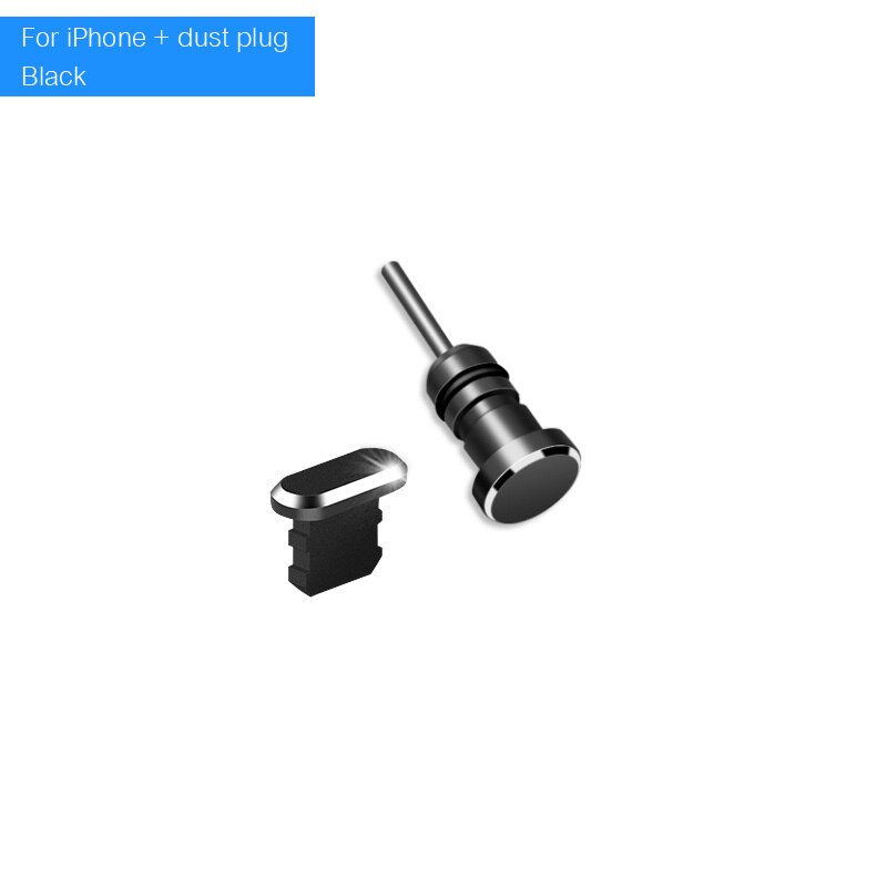 Puerto de carga de enchufe de polvo de Metal y enchufe de polvo de puerto de auriculares de 3,5mm para iphone android tipo C tapón para auricular Pin de tarjeta de recuperación: Black For Iphone