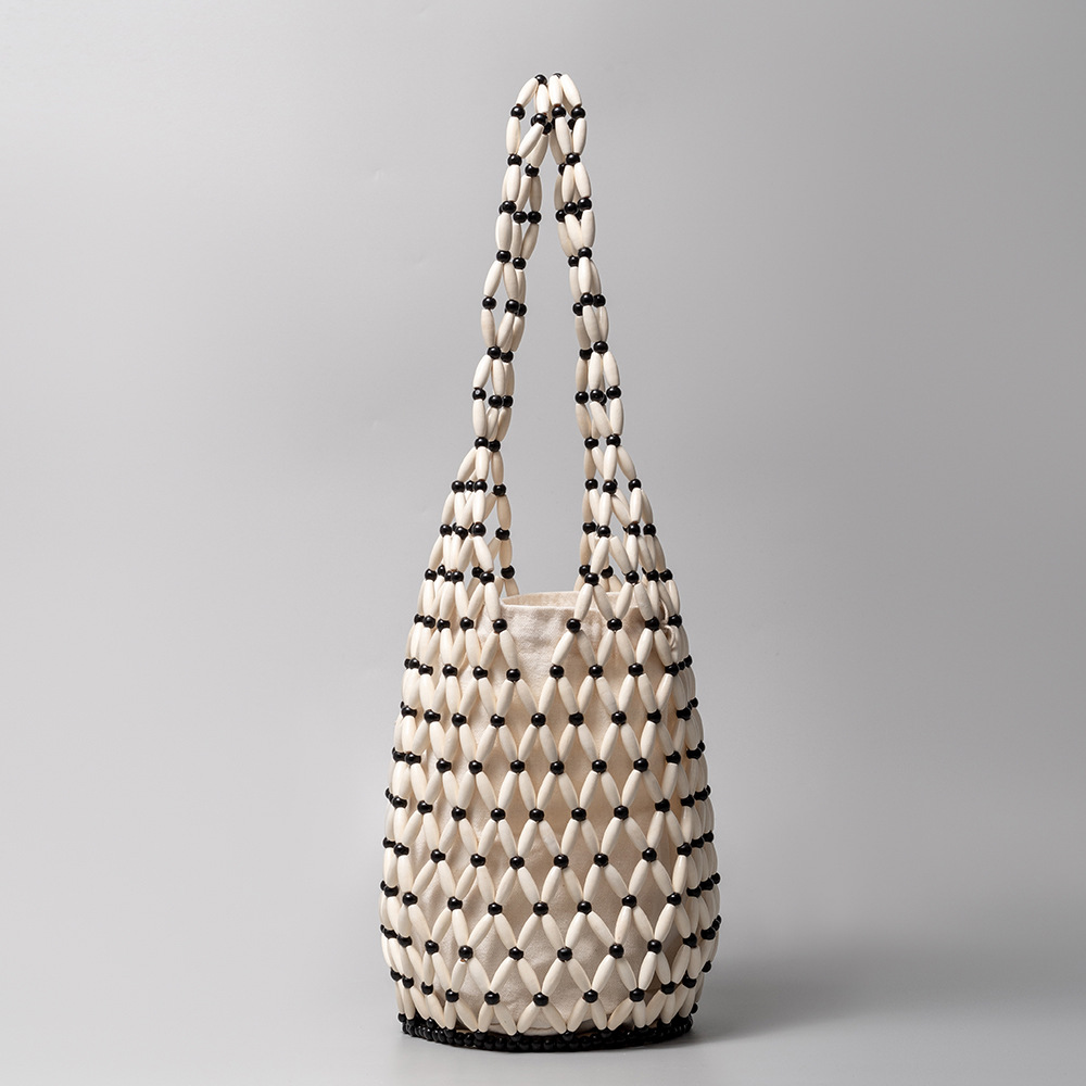 Sac à main tissé pour femmes, d'été, fourre-tout en perles de bois ajourées, sac à bandoulière seau, sac à main de plage en toile filet réticulé: Black